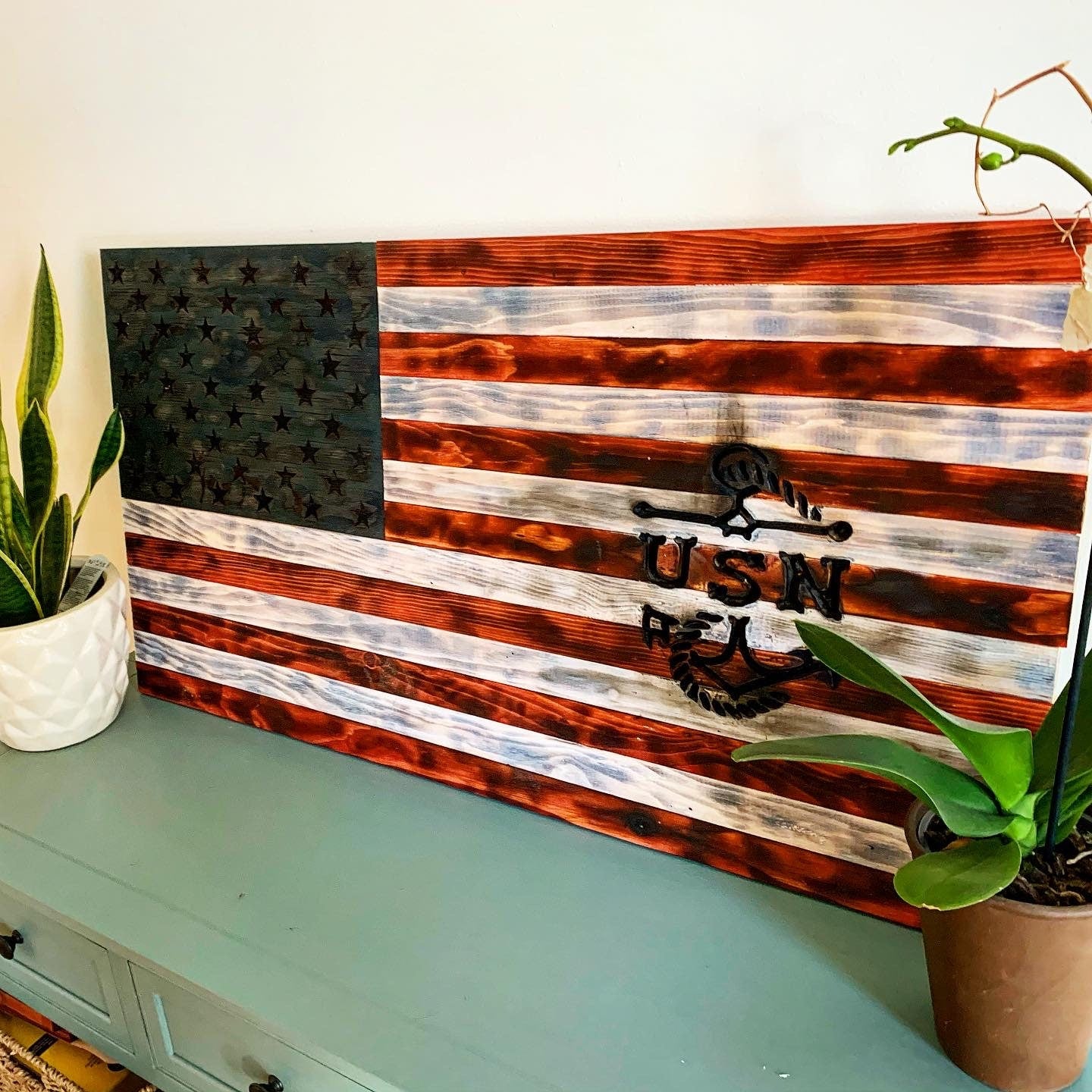 US Navy Rustic American Flag, Distressed Wood American Flag US Navy Anchor Engraved, Handmade Weathered Rustic Charred Wood Burned & Stained