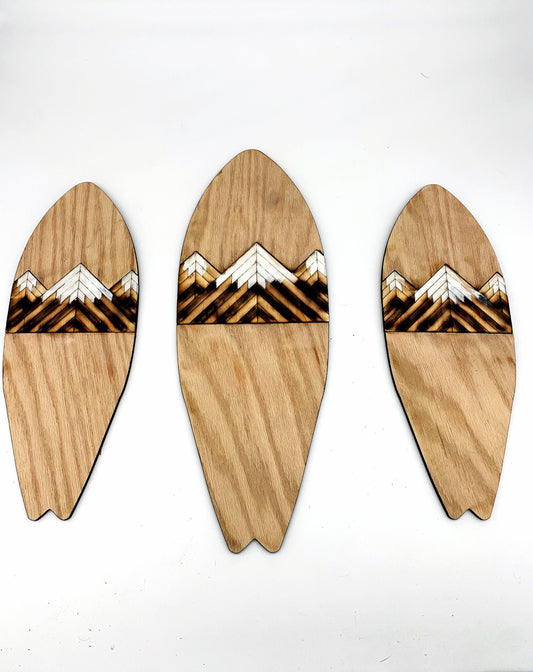 Surfboard with Rustic Mountain Tops Wall Decor Art Handmade